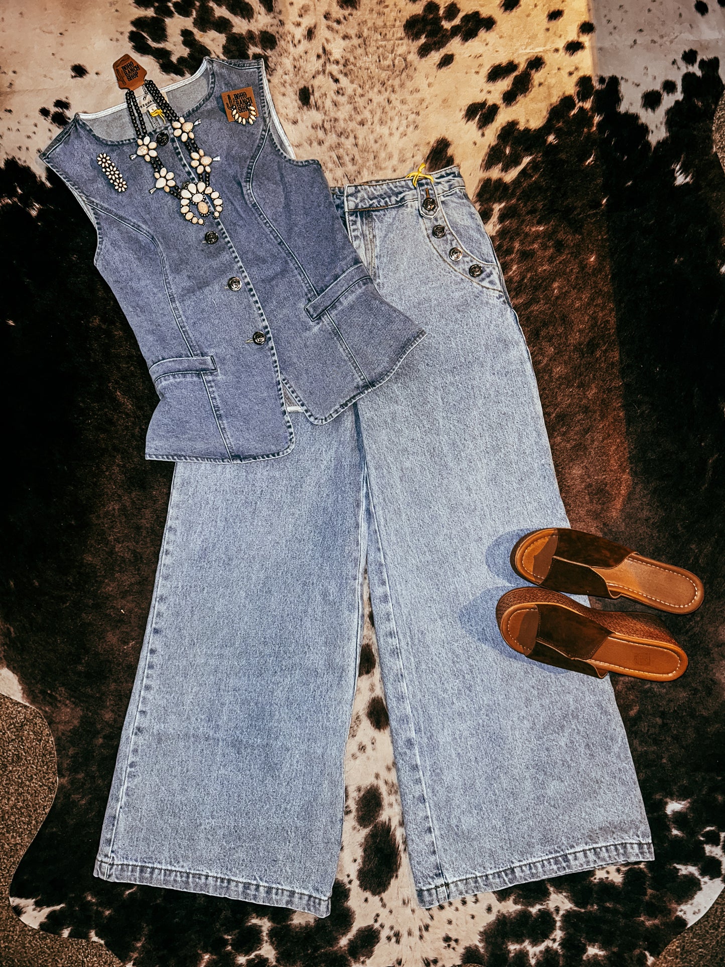 Washed Denim Wide Leg Pants