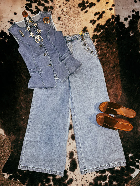 Washed Denim Wide Leg Pants